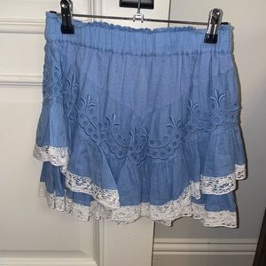 Loveshackfancy Blue and white lace trim skirt